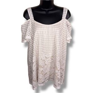 Large Perseption Concept Ivory White Lace Blouse Top Cold Shoulder Boho Stretch